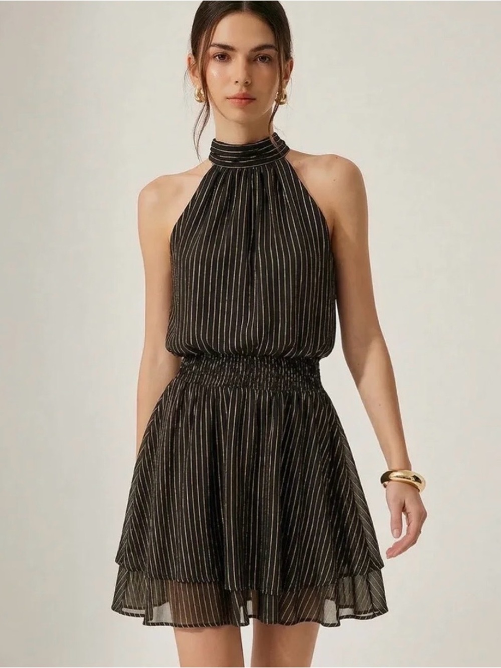 Commense NWT Black and White Pinstripe Halter Mini Dress